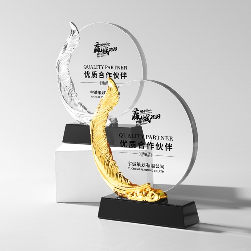 new arrival creative golden feather round glass plaque trophy awards