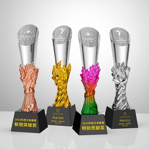 colorful Metal Bouquet decoration glass pillar trophy years of service anniversary awards