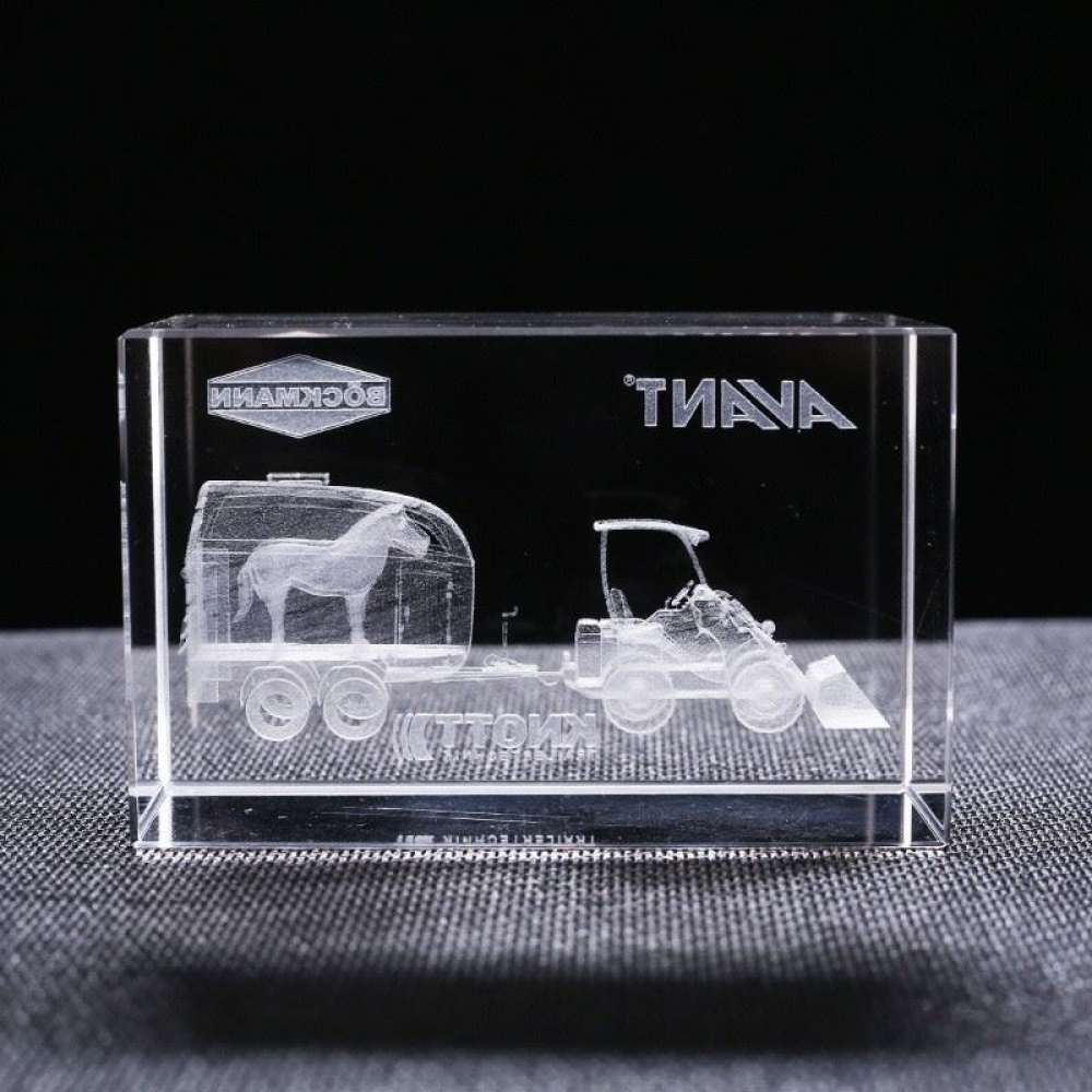 3D laser etched wheel loaders crystal glass cube equipment paperweights