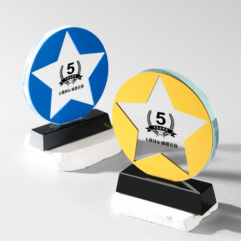 metal star 5 years service glass round trophy